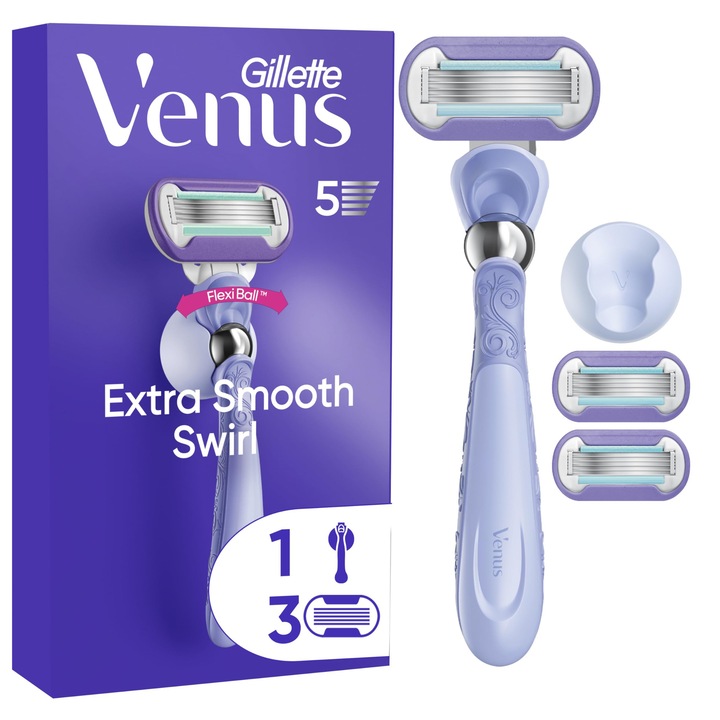 Gillette Venus Extra Smooth Swirl női borotva, 3 cserélhető penge, forgó nyél és zuhanytartó