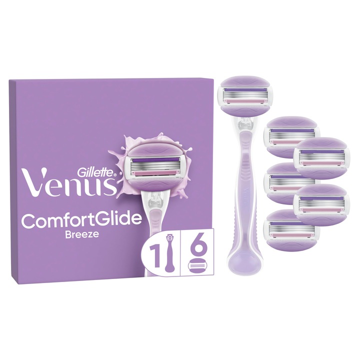 Gillette Venus Comfortglide Breeze női borotva, 6 cserélhető penge, csúszásgátló nyél, ergonomikus