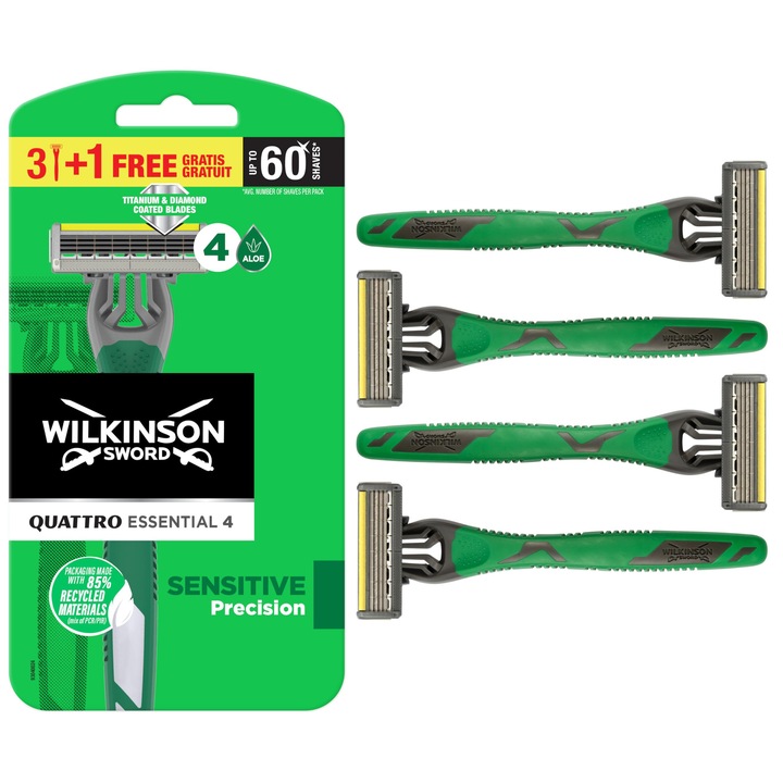 Wilkinson Sword Quattro Essential 4 Sensitive, Férfi Eldobható Borotva, 3+1