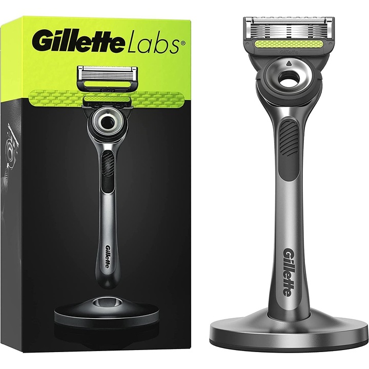 Aparat De Ras Gillette Labs Pentru Barbati + 1 Lama De Ras, Cu Bara Exfolianta, Include Suport Magnetic Premium