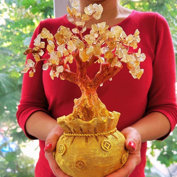 OEM Bonsai természetes kristályokkal, pénzfa, arany, 25 x 20 cm