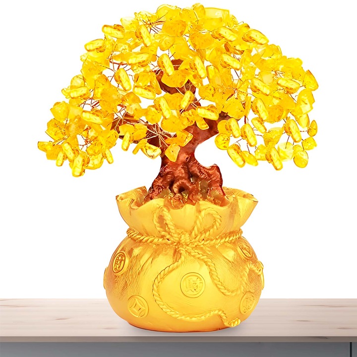 Бонсай с естествени кристали, парично дърво, злато, 25 x 20 см