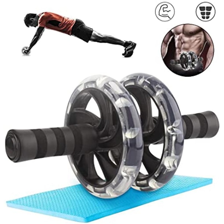 Role abdominal, antrenor cu roti duble, anti-alunecare, negru, 32x16cm