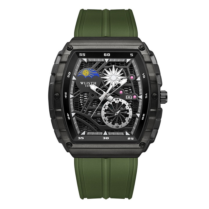Férfi kvarcóra, WLISTH, szilikon szíj, ötvözet tok, fekete számlap, 47 mm, zöld