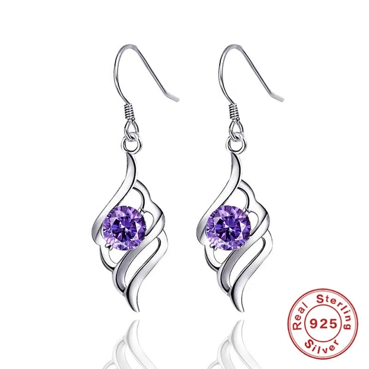 Cercei Argint Lungi Tipuri de Pandantive, BlingCharm, 100% Argint 925/Violet Zirconiu, Length 3 cm, Antialergic/Colorfast, Include husa de catifea pentru bijuterii