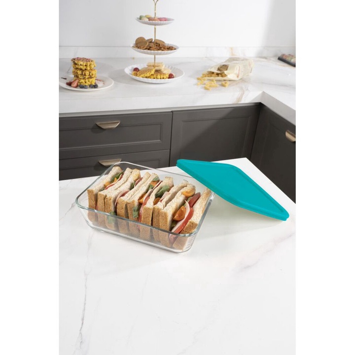 Recipient alimentar dreptunghiular rezistent la caldura din sticla TOO KT-95, 1400 ml, cu capac din plastic