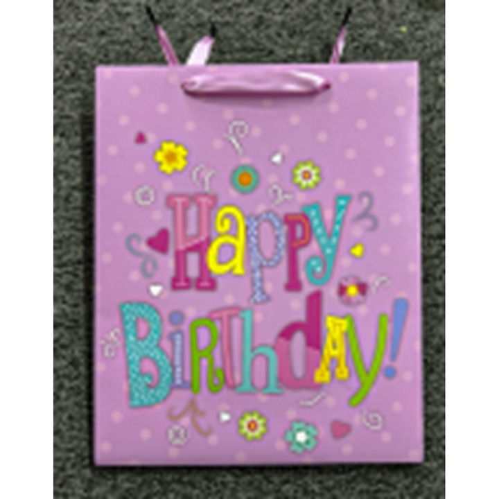 IRIS pungă de hârtie mată Happy Birthday mov 18 x 23cm