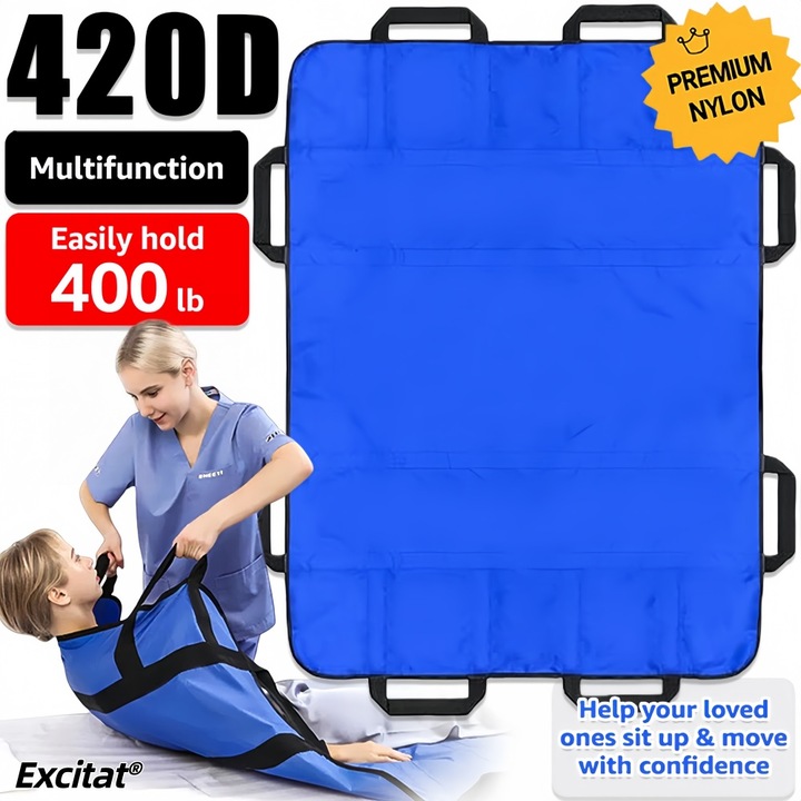 Saltea de transfer pacienti, Excitat®, Placa de transfer pentru pat cu Manere pentru Manevrare Usoara, Lavabila, Design prietenos, Usor si delicat pe piele, Persoane in varsta si bolnave care muta cearsafurile, Panza Oxford 420D, 120x100cm, Albastru