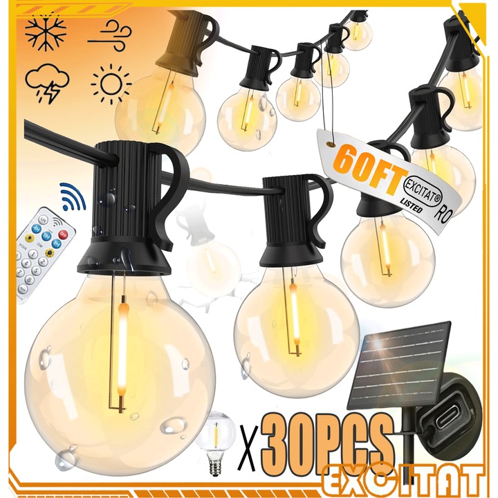 Sir de lumini solare pentru exterior G40 18m, Excitat®, cu 30+1 becuri LED, alimentat cu energie solara, rezistent la apa IP44, lumina alba calda 2700K, rezistent la explozii si spargere, potrivit pentru exterior, bistro, cafenea, piata, 25x20x15cm
