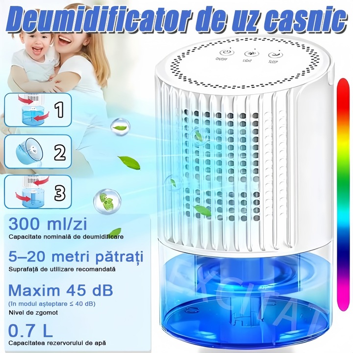 Dezumidificator de camera Zola®, functia oprire automata dupa umplerea rezervorului, 330 ml /zi, capacitate 800 ml, modul Peltier, 22.5 W, 22x13.5x13.5 cm