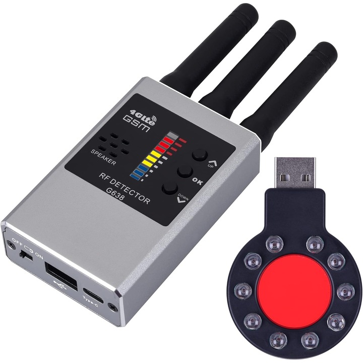 Rejtett kamera detektor, kém detektor, RF jelkereső, GPS nyomkövető detektor, WiFi kamera detektor, sugárzás és lehallgató eszközök észlelésére alkalmas