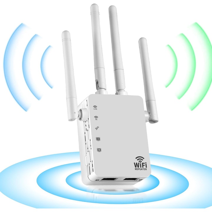 Amplificator Semnal Wireless, Range Extender Retea WiFi, 4 Antene, 1200 Mbps, Dual-Band 2.4G-5G, Conexiune WPA/WPA2, Alb