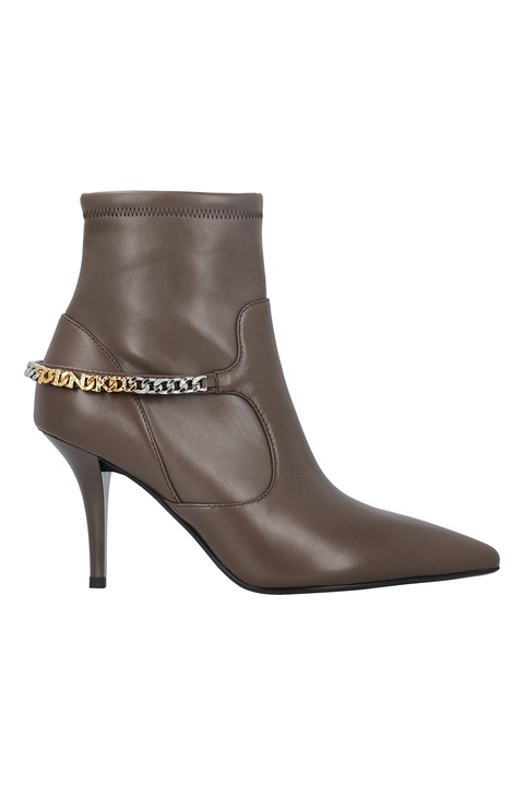 Pinko, Botine de piele cu varf ascutit si garnituri de piele ecologica, Maro inchis