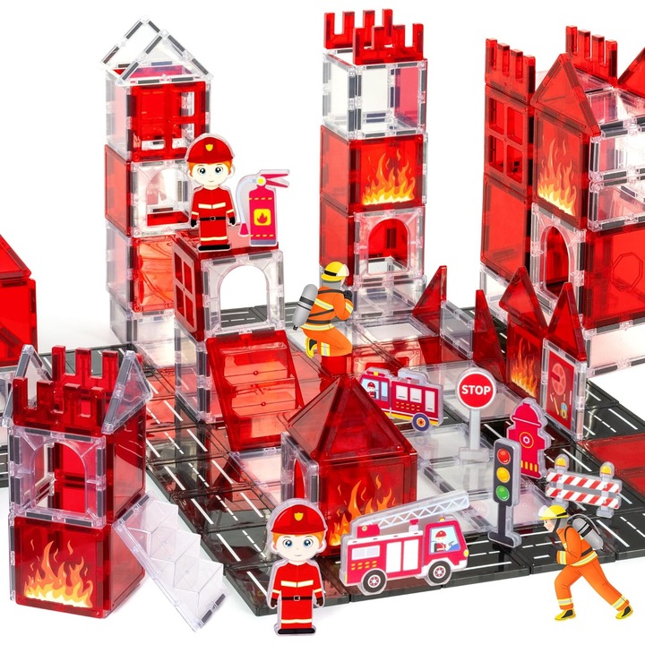 Set de constructie cu placi magnetice, Morovan, cladiri cu tema de pompieri 48 de Piese, Dezvoltarea Abilitatilor Motrice si a Imaginatiei, Jucarie Educativa pentru Copii 3+ Ani, Rosu