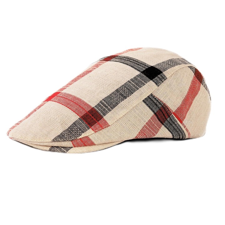 Férfi sapka, Állítható barett, GOGOU®, Kockás minta, Len/Poliészter, Uniszex, Khaki