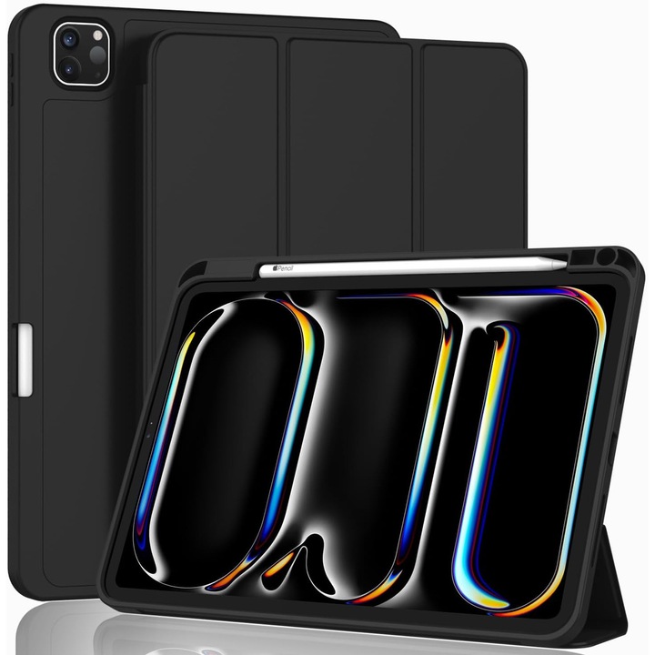 Carcasa inteligenta compatibila cu Apple 2024 iPad Pro 11-inch Carcasa M4 (generatia a 5-a) cu suport pentru creion, suport pentru creion Pro si creion (USB-C), MagneticX, suport pentru Touch ID si functie Auto Wake/Sleep, Slim, negru