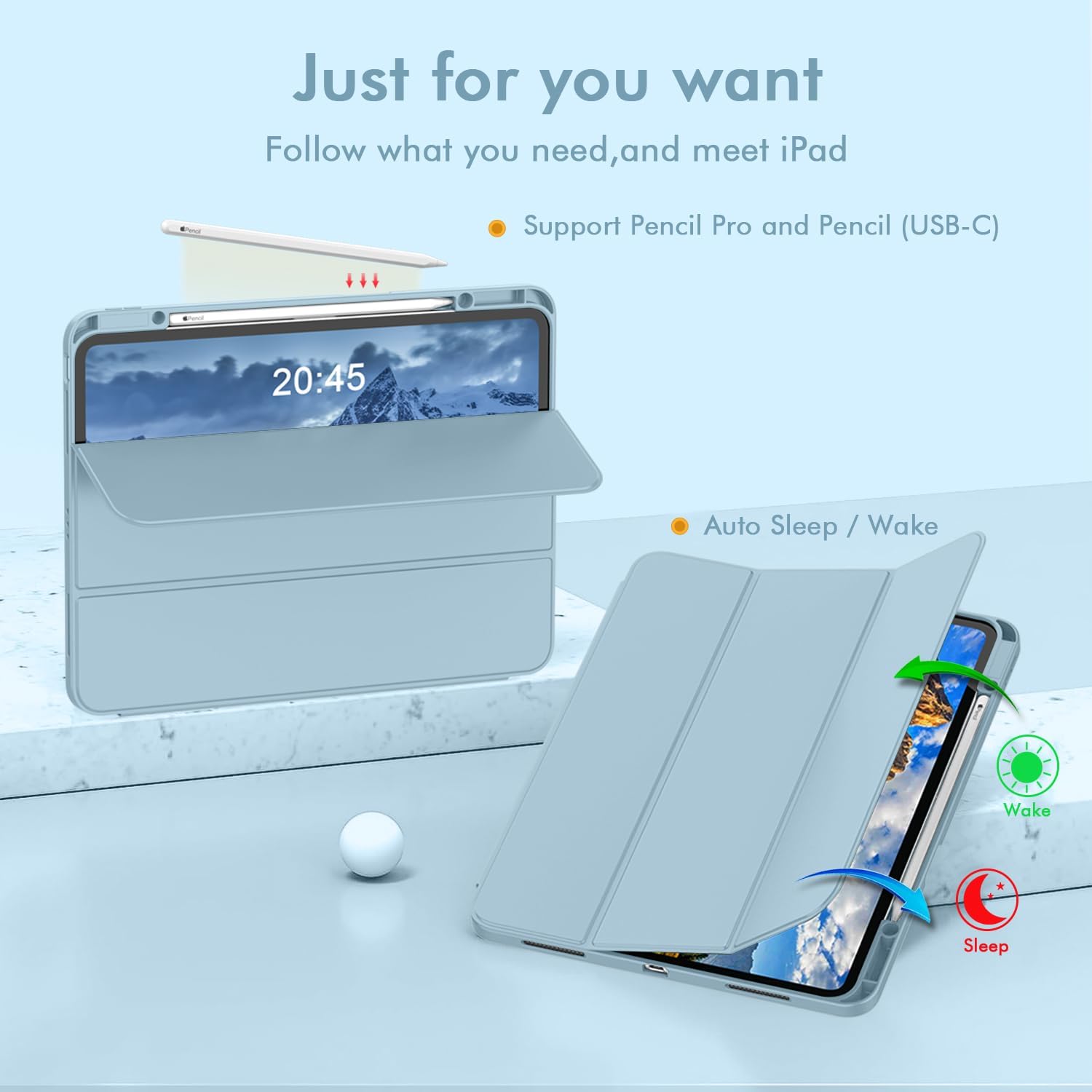 Carcasa tableta pentru Apple iPad Pro 13-inch Carcasa M4 (Model 2024, 7th Gen) cu suport pentru creion, Smart iPad Case, Pencil Pro si Pencil (USB-C) Suport, Touch ID si Auto Wake / Sleep Suport, Skyblue