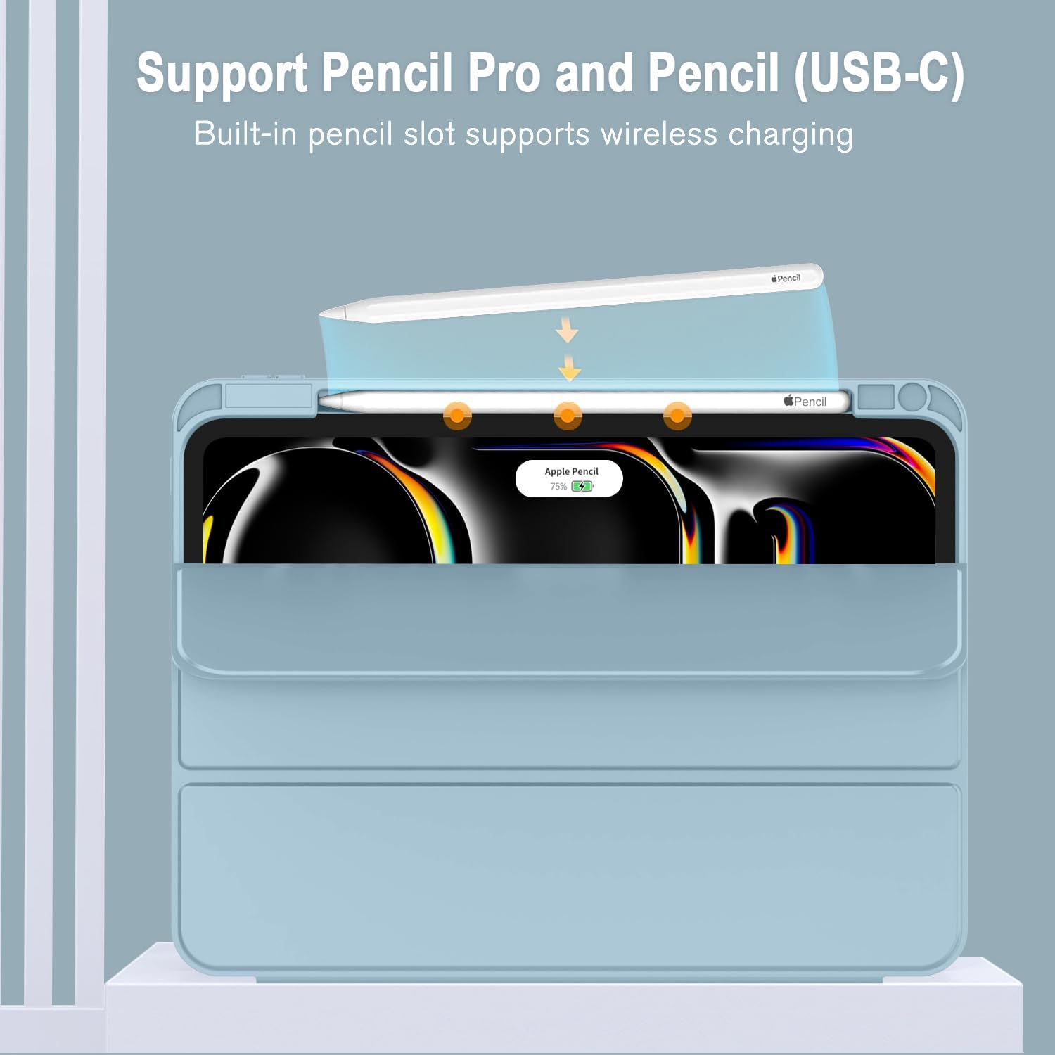 Carcasa tableta pentru Apple iPad Pro 13-inch Carcasa M4 (Model 2024, 7th Gen) cu suport pentru creion, Smart iPad Case, Pencil Pro si Pencil (USB-C) Suport, Touch ID si Auto Wake / Sleep Suport, Skyblue