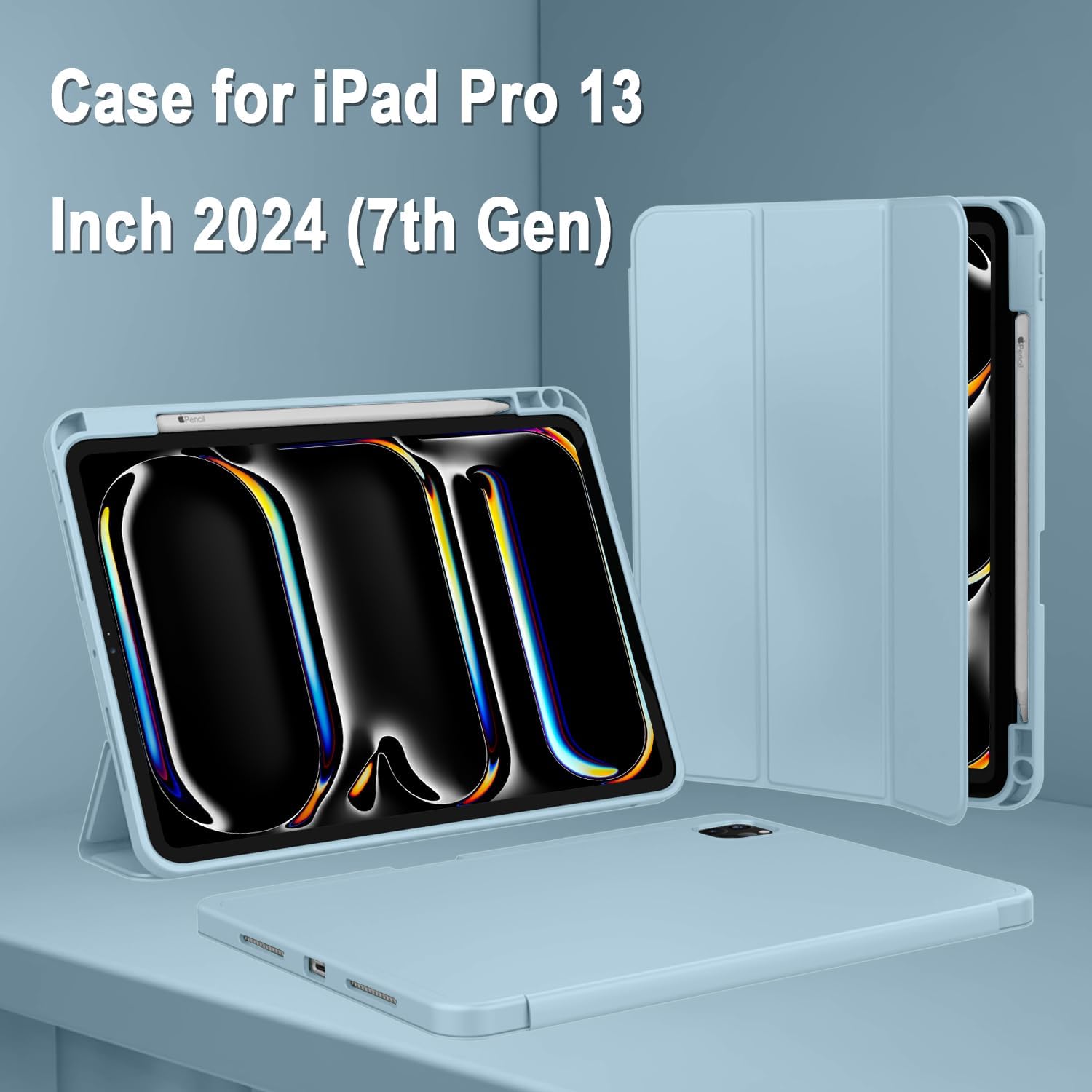 Carcasa tableta pentru Apple iPad Pro 13-inch Carcasa M4 (Model 2024, 7th Gen) cu suport pentru creion, Smart iPad Case, Pencil Pro si Pencil (USB-C) Suport, Touch ID si Auto Wake / Sleep Suport, Skyblue