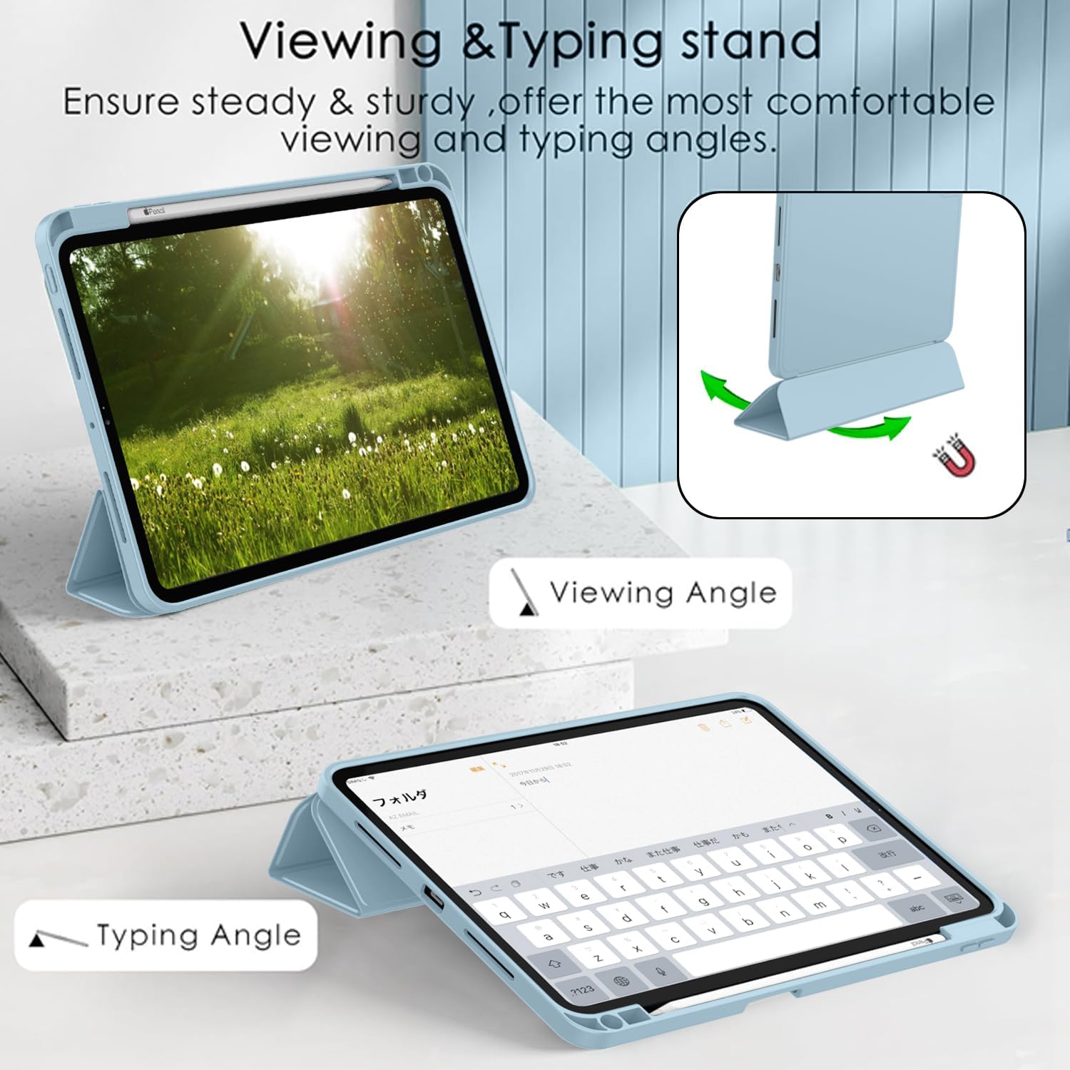 Carcasa tableta pentru Apple iPad Pro 13-inch Carcasa M4 (Model 2024, 7th Gen) cu suport pentru creion, Smart iPad Case, Pencil Pro si Pencil (USB-C) Suport, Touch ID si Auto Wake / Sleep Suport, Skyblue
