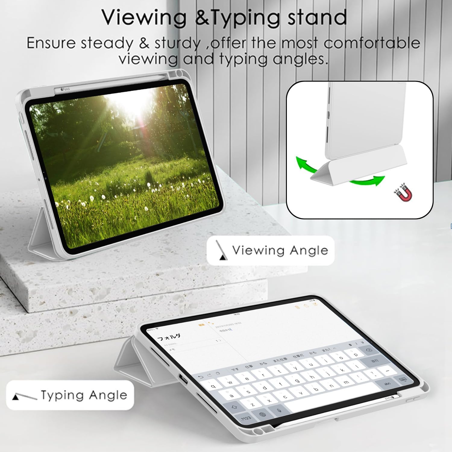 Carcasa inteligenta compatibila cu Apple 2024 iPad Pro 11-inch Carcasa M4 (generatia a 5-a) cu suport pentru creion, suport pentru creion Pro si creion (USB-C), MagneticX, suport pentru Touch ID si functie Auto Wake/Sleep, Slim, Gri