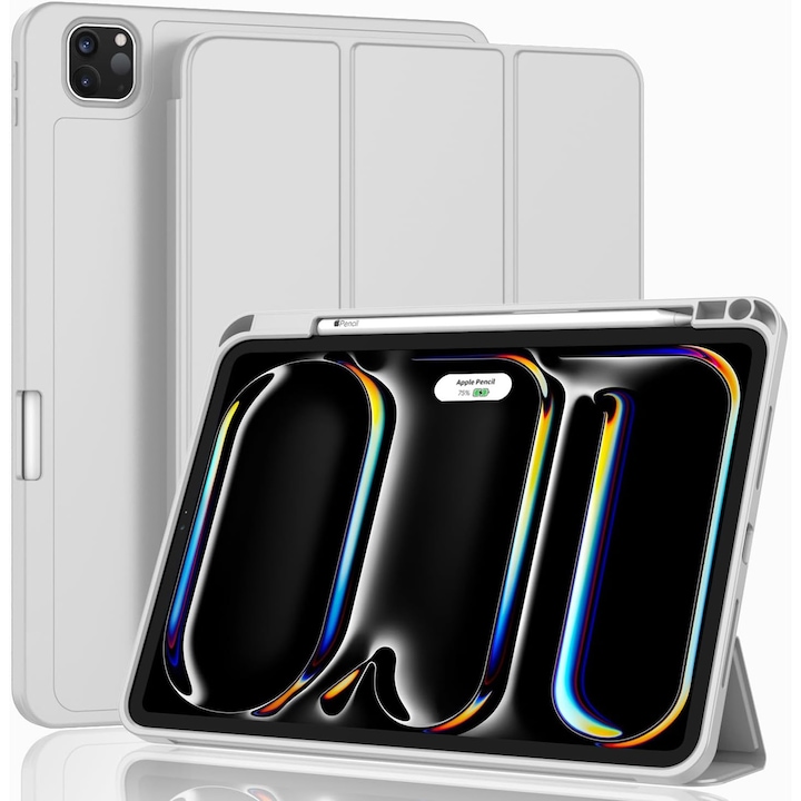 Carcasa inteligenta pentru Apple iPad Air 13 2024/Pro 2022/2021/2020/2018 12.9-inch, MagneticX Tri-Fold Stand Style unghi reglabil, Stylus Suport, Soft TPU Back, Auto Wake / Sleep Function Touch ID Function, subtire si usor, Gri