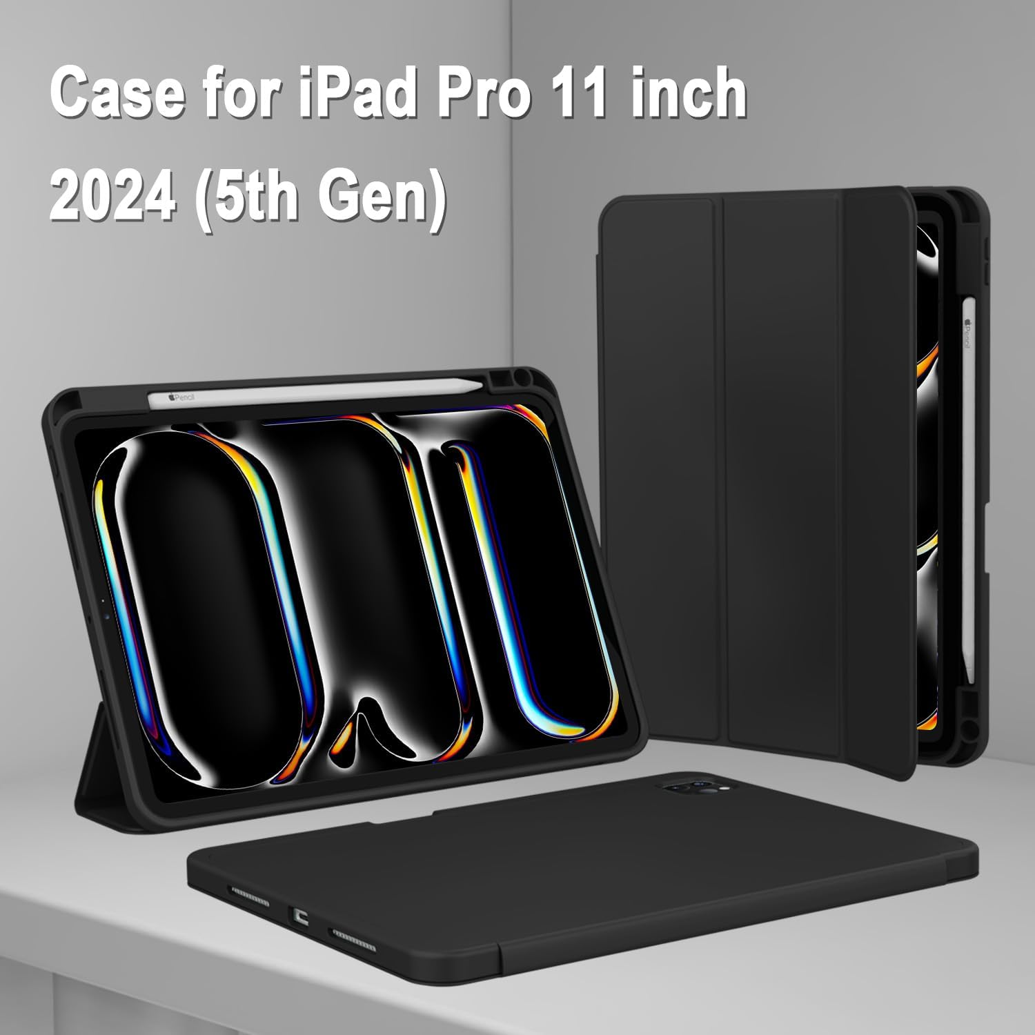Carcasa inteligenta compatibila cu Apple 2024 iPad Pro 11-inch Carcasa M4 (generatia a 5-a) cu suport pentru creion, suport pentru creion Pro si creion (USB-C), MagneticX, suport pentru Touch ID si functie Auto Wake/Sleep, Slim, negru