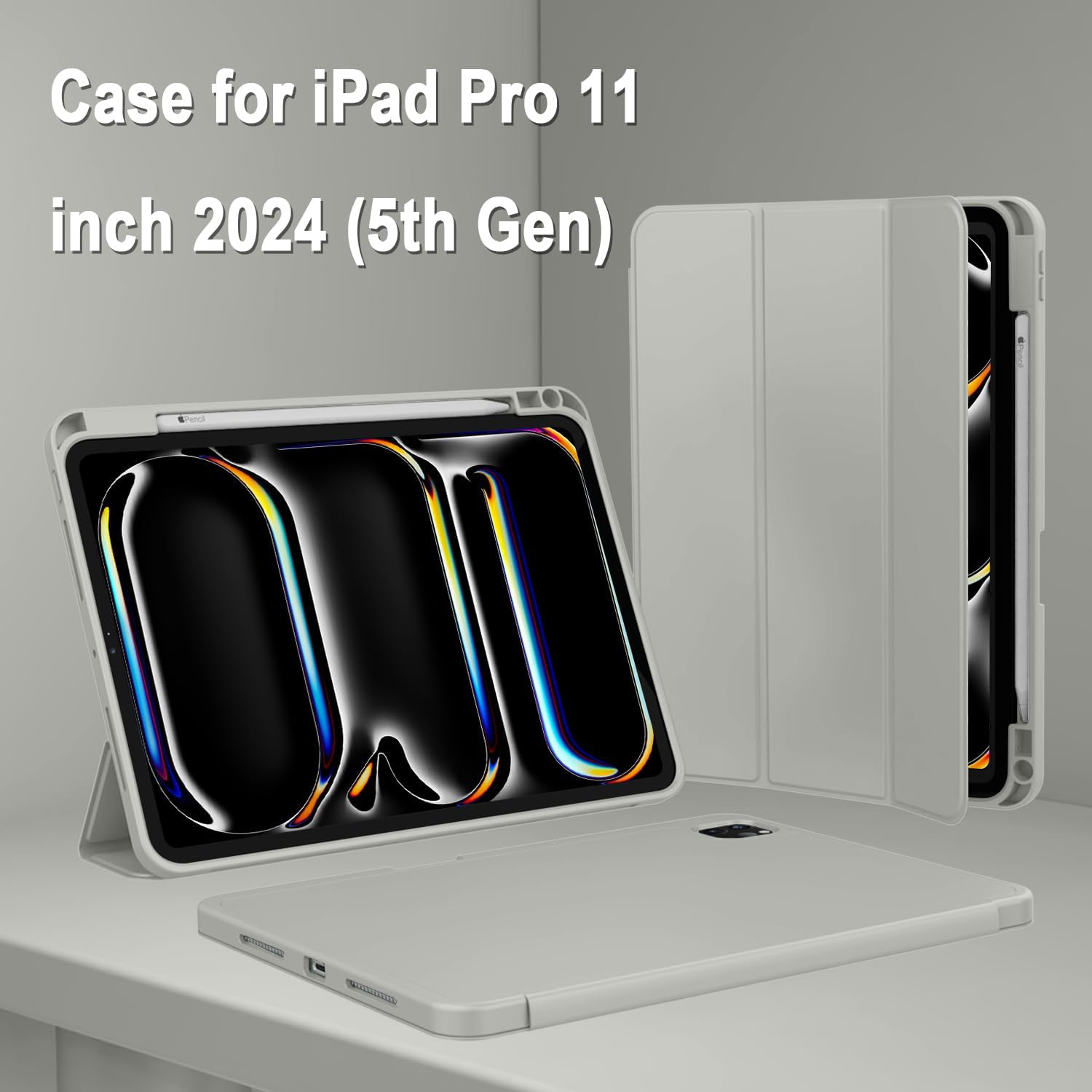Carcasa inteligenta compatibila cu Apple 2024 iPad Pro 11-inch Carcasa M4 (generatia a 5-a) cu suport pentru creion, suport pentru creion Pro si creion (USB-C), MagneticX, suport pentru Touch ID si functie Auto Wake/Sleep, Slim, Gri