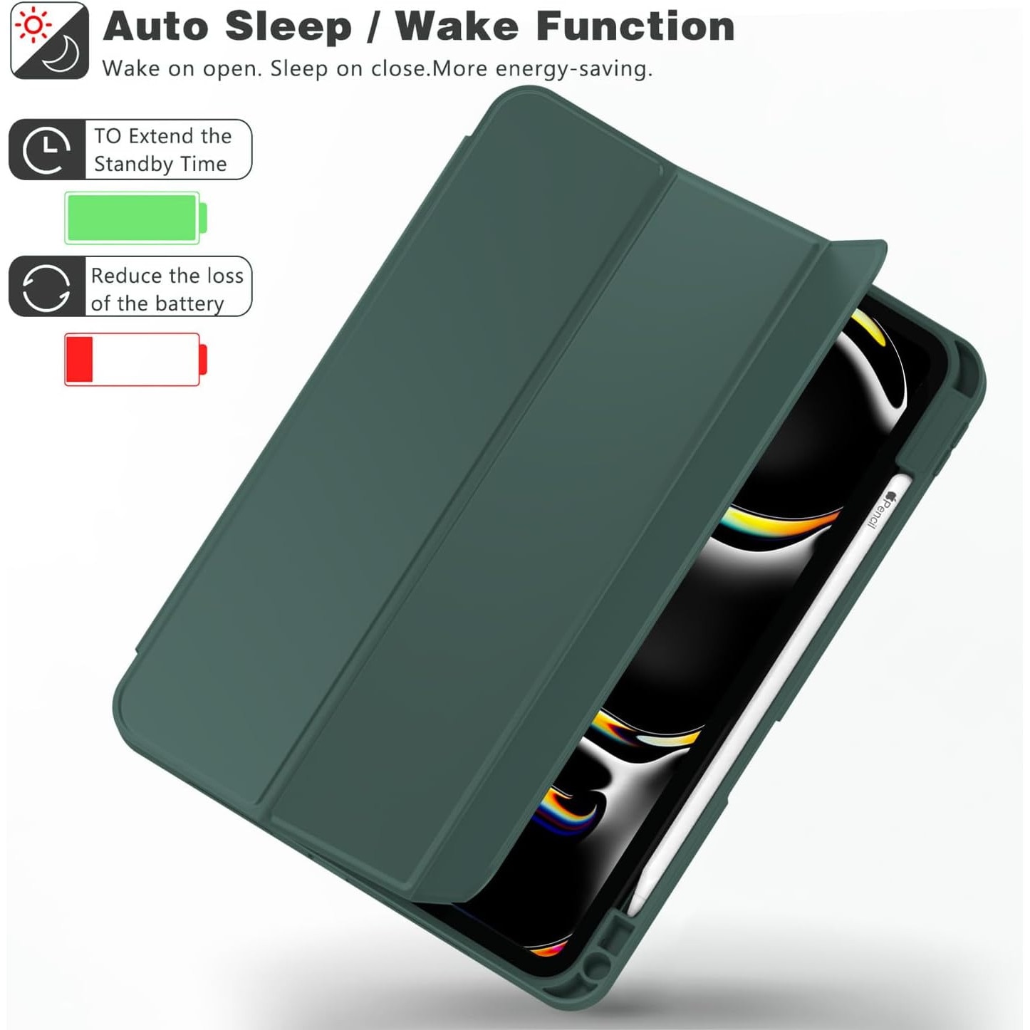 Carcasa tableta pentru Apple iPad Pro 13-inch Carcasa M4 (Model 2024, 7th Gen) cu suport pentru creion, Smart iPad Case, Pencil Pro si Pencil (USB-C) Suport, Touch ID si Auto Wake / Sleep Suport, Verde inchis