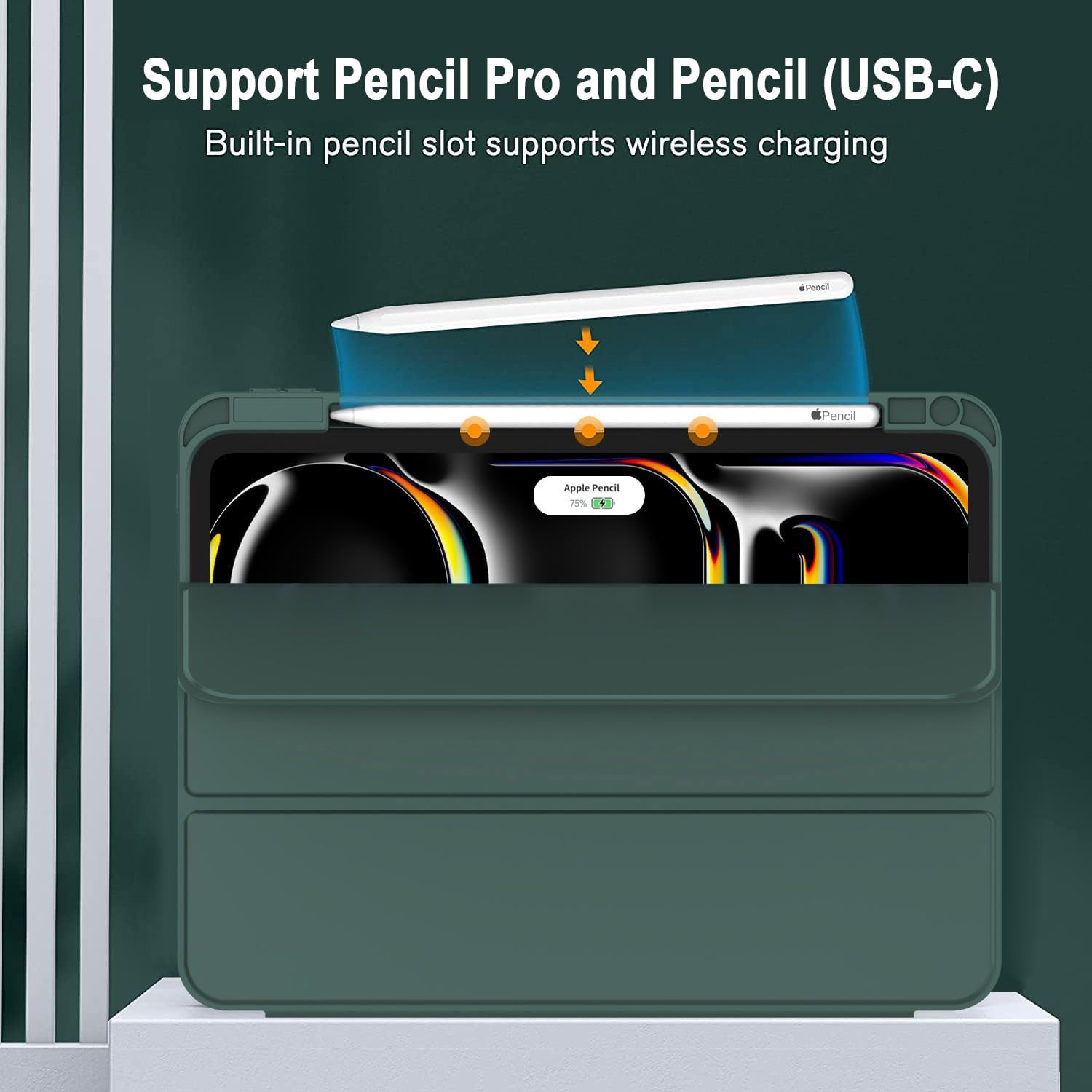 Carcasa tableta pentru Apple iPad Pro 13-inch Carcasa M4 (Model 2024, 7th Gen) cu suport pentru creion, Smart iPad Case, Pencil Pro si Pencil (USB-C) Suport, Touch ID si Auto Wake / Sleep Suport, Verde inchis