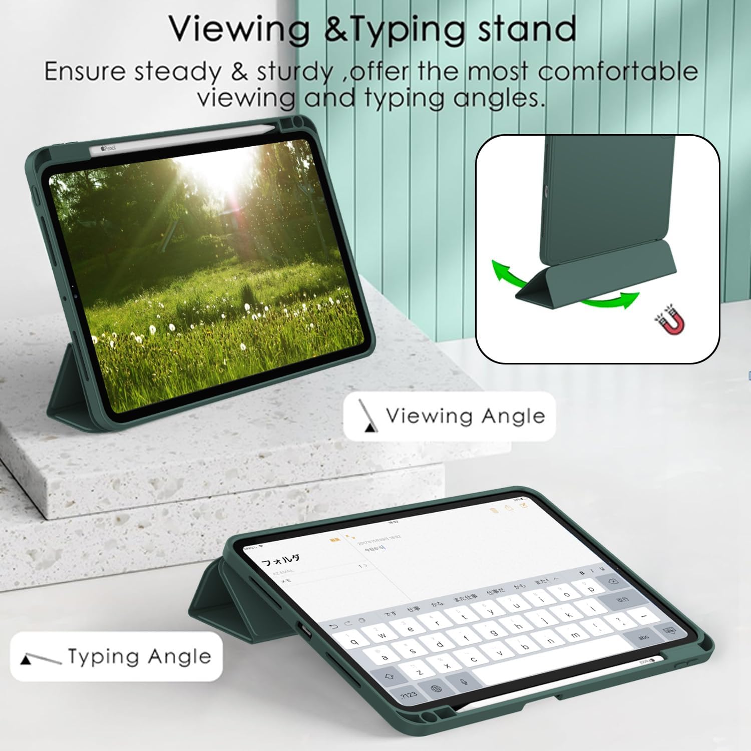 Carcasa tableta pentru Apple iPad Pro 13-inch Carcasa M4 (Model 2024, 7th Gen) cu suport pentru creion, Smart iPad Case, Pencil Pro si Pencil (USB-C) Suport, Touch ID si Auto Wake / Sleep Suport, Verde inchis