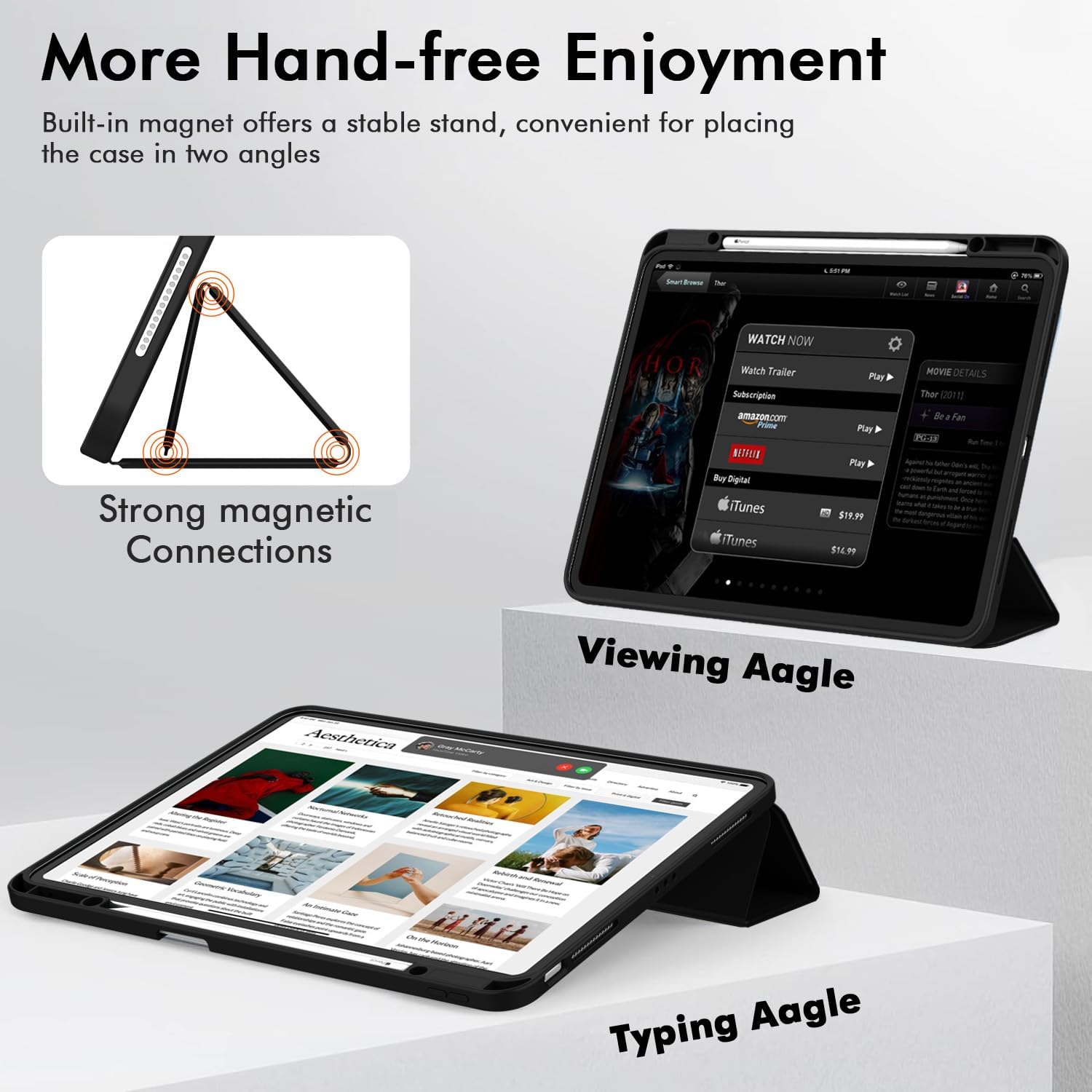Carcasa inteligenta pentru Apple iPad Air 13 2024/Pro 2022/2021/2020/2018 12.9-inch, MagneticX Tri-Fold Stand Style unghi reglabil, Stylus Suport, Soft TPU Back, Auto Wake / Sleep Function Touch ID Function, subtire si usor, negru