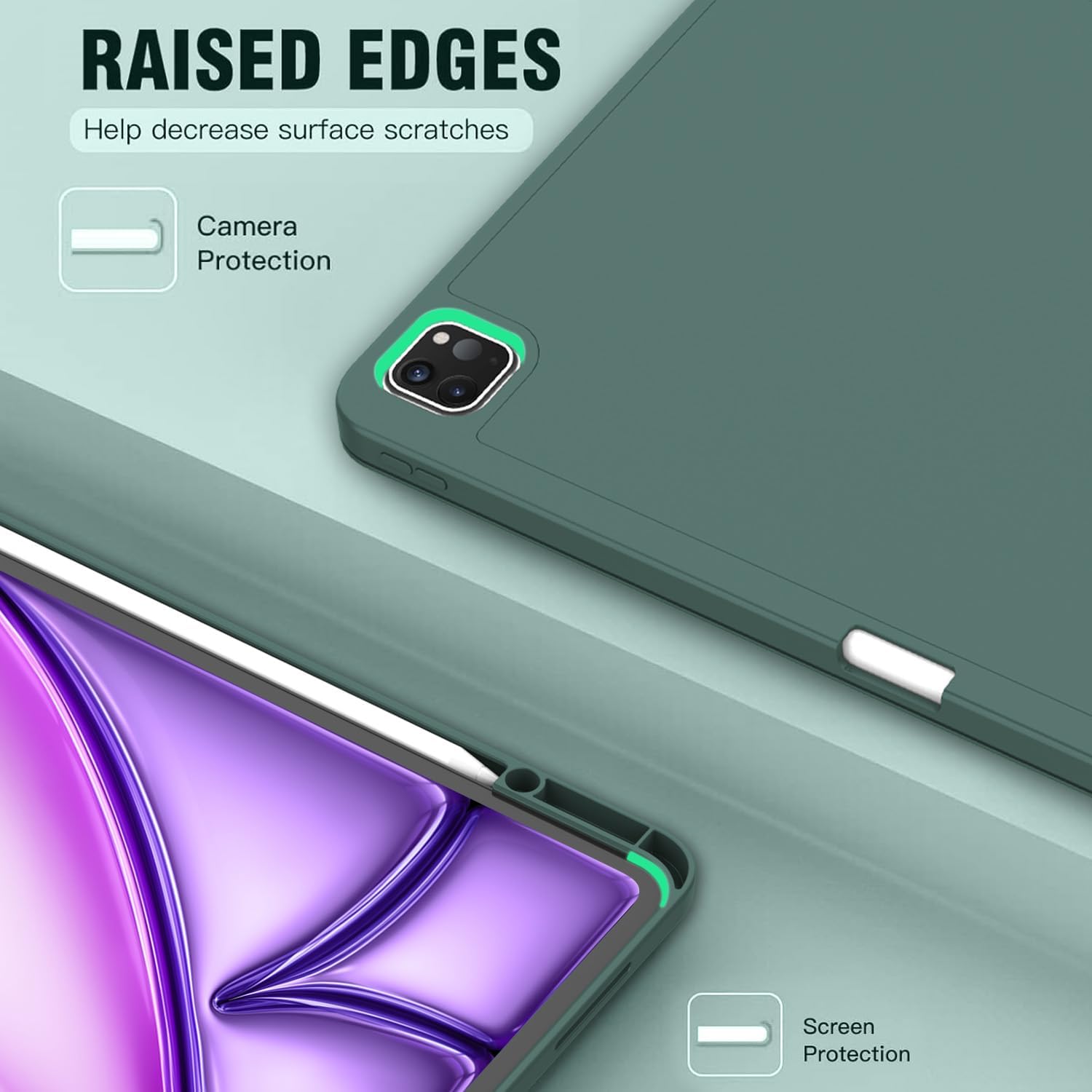 Carcasa tableta pentru Apple iPad Pro 13-inch Carcasa M4 (Model 2024, 7th Gen) cu suport pentru creion, Smart iPad Case, Pencil Pro si Pencil (USB-C) Suport, Touch ID si Auto Wake / Sleep Suport, Verde inchis