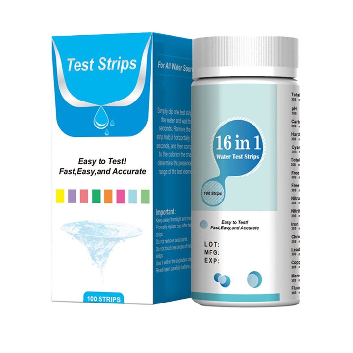 Test apa, Benza test 16in1(100buc), alcalinitate, pH, carbonati, duritate, acid cianuric, clor total/rezidual, brom, nitrati/nitriti, fier, crom, plumb, cupru, mercur, fluoruri.Potrivita pentru apa curenta/potabila, acvarii, iazuri