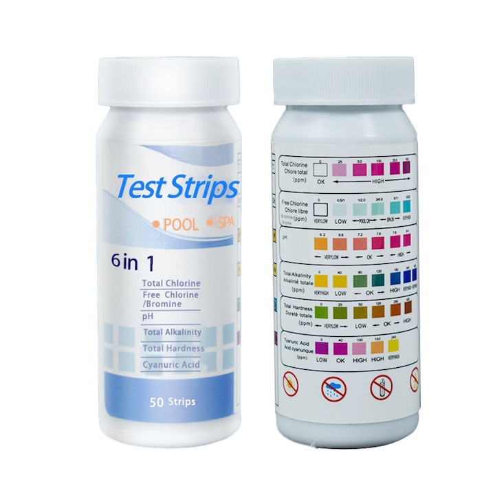 Test apa, Bandita test 6 in 1, 150 buc, duritate, brom, clor rezidual, pH, alcalinitate totala, acid cianuric, Potrivite pentru apa de la robinet, apa potabila, acvariu, apa de iaz