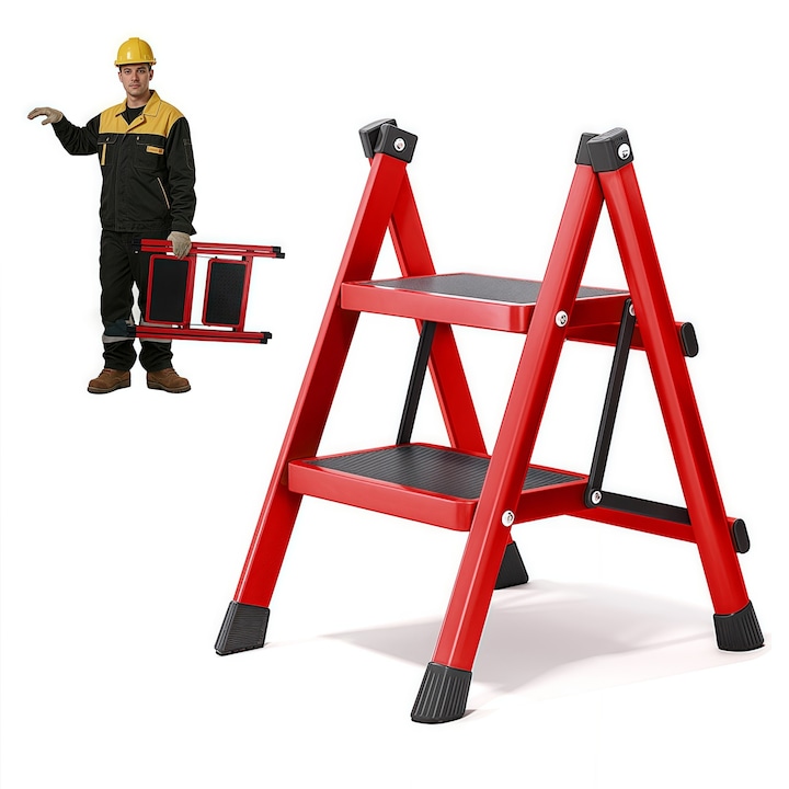 Scara pliabila cu 2 trepte, Wacorresi, Scara din otel, 40x48x58.5cm, Capacitate maxima de incarcare 100 Kg, Picioare Antialunecare, Rosu-Negru