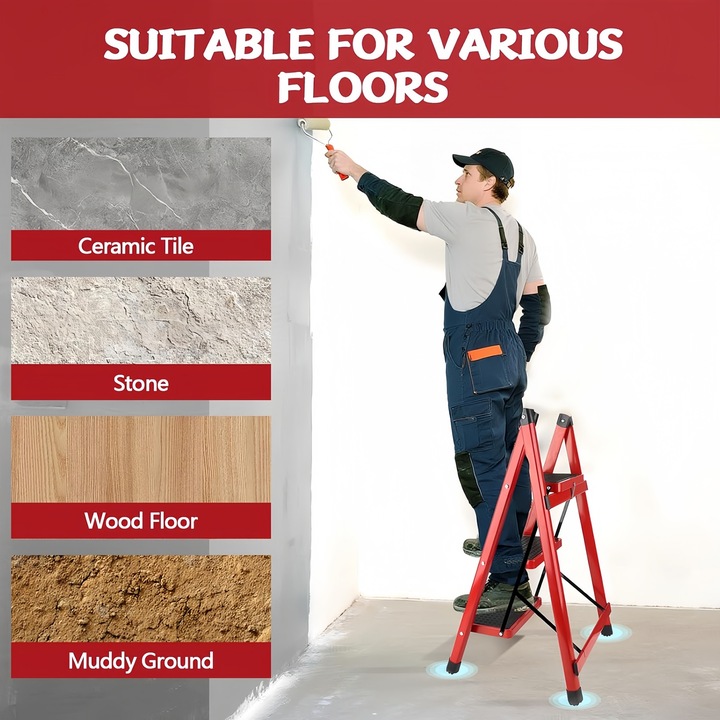 Összecsukható létra 2 fokos létrával, Wacorresi, Acéllétra, 40x48x58,5cm, Maximális teherbírás 100 kg, Csúszásgátló lábak, Piros-fekete