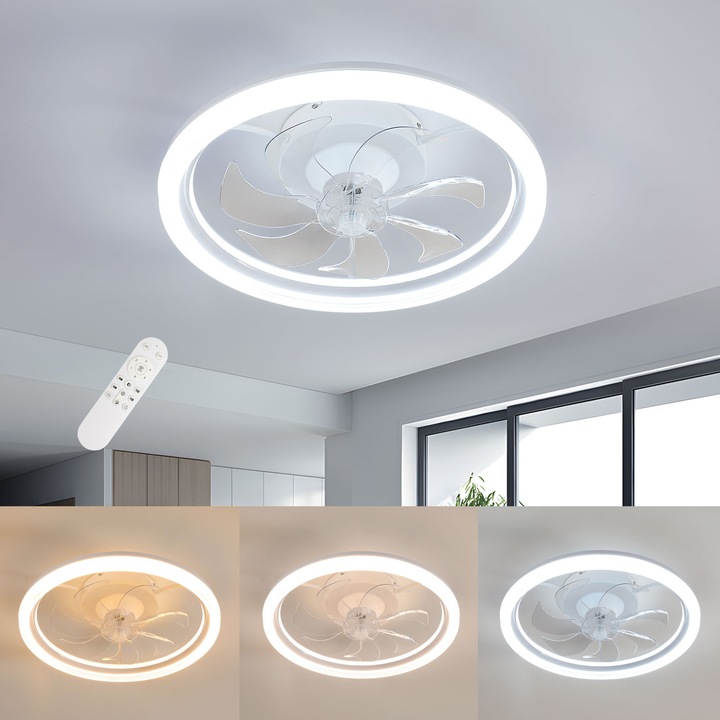 Lampa de tavan tip ventilator, Goeco, Rotunda, Alba, 50*50*15cm, 36W, reglare continua a intensitatii luminoase 3000-6500K, 6 viteze reglabile ale vantului