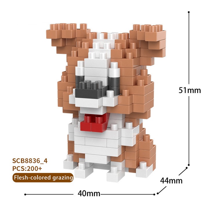 Set de blocuri de constructie in forma de caine, ZUOXIA, 200+ piese, 44x56x48mm, pentru adulti si copii