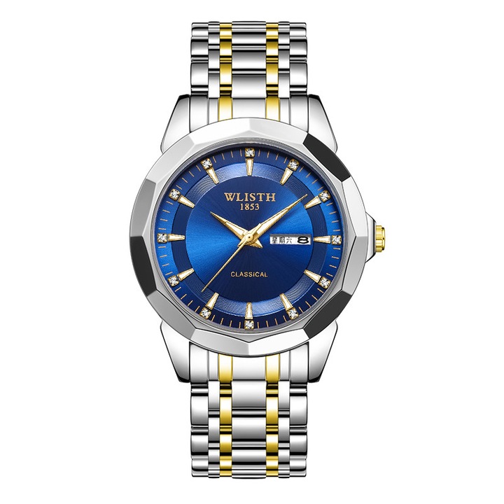 Мъжки часовник Wlisth, кварцов, син, 41 мм, водоустойчив, каишка от неръждаема стомана