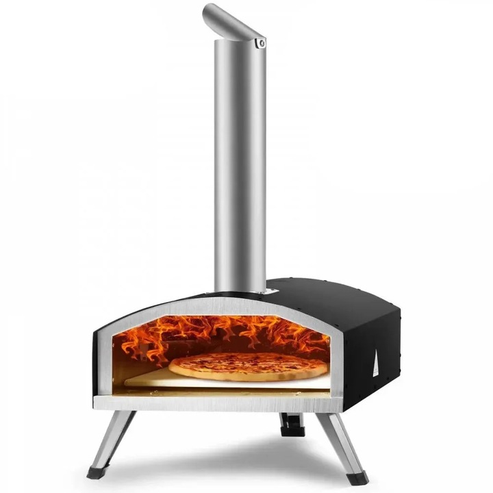 Kültéri pizzasütő kemence, 30 cm-es, fa- és faszenes tüzelésű, rozsdamentes acél, fekete
