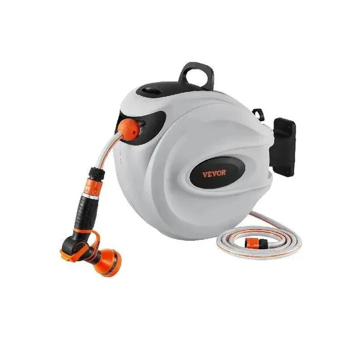 Behúzható tömlődob, 20 m PVC tömlő, automatikus visszatekerés, falra szerelhető, fekete