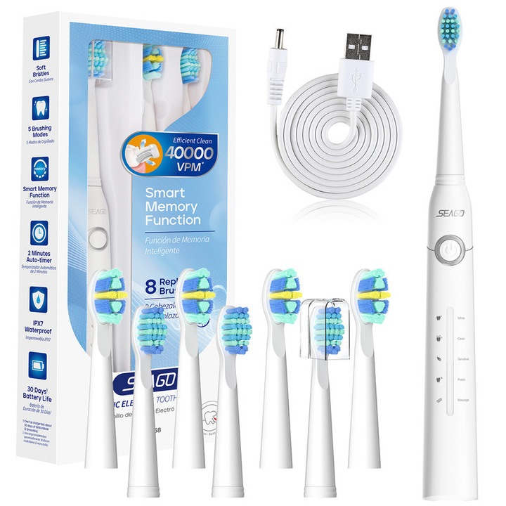 Periuta de dinti electrica profesionala, Seago, 8 capete de periuta, 5 moduri, waterproof IPX7, 90 zile autonomie, alb
