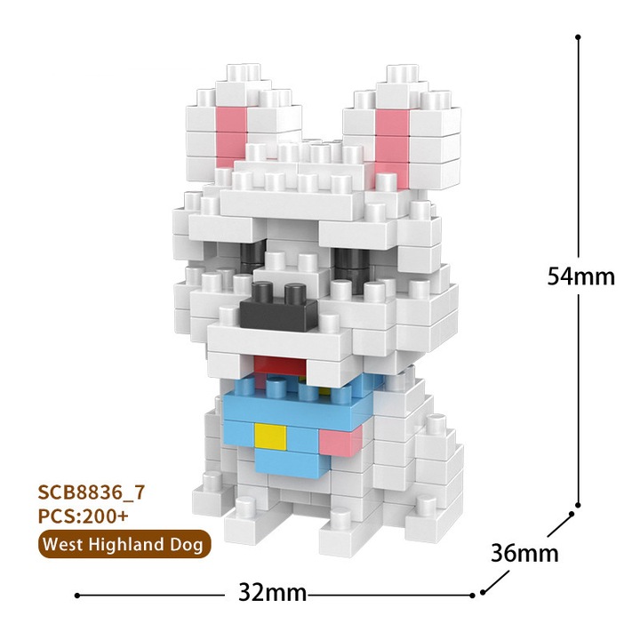 Set de blocuri de constructie in forma de caine, ZUOXIA, 200+ piese, 44x56x48mm, pentru adulti si copii