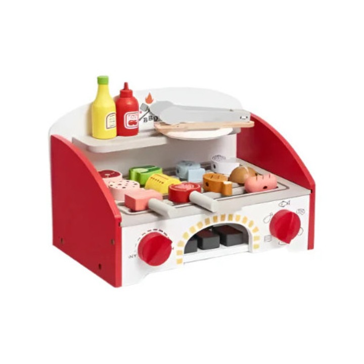 Fából készült BBQ Grill játékkészlet, Kids Pretend Play, 26db, Interaktív étel, 3 éves kortól, Többszínű