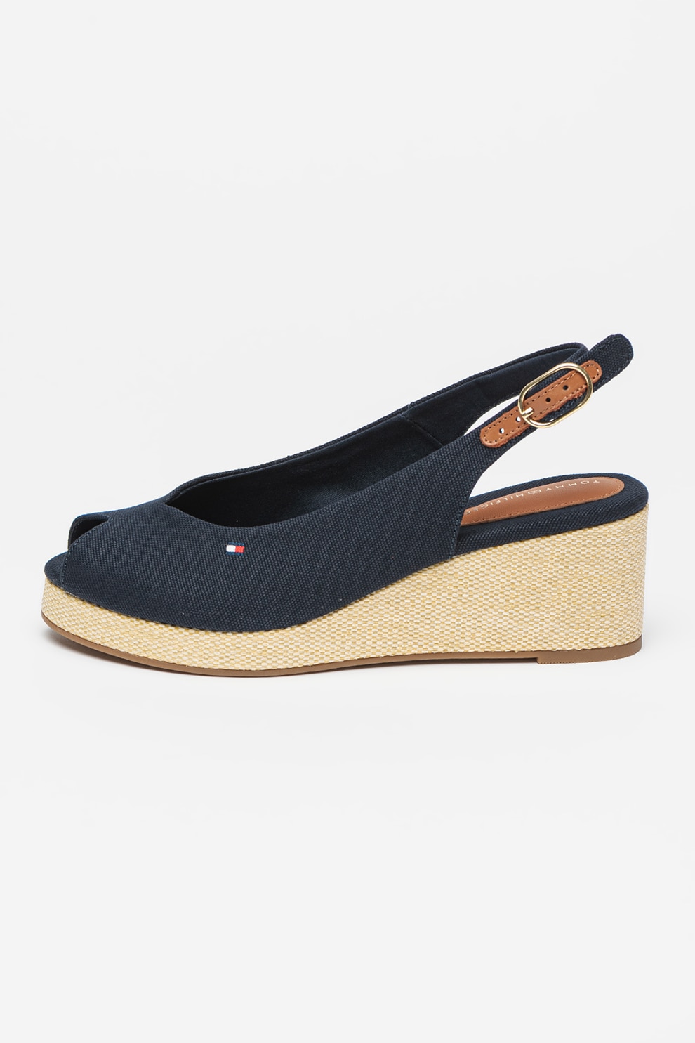 Tommy Hilfiger, Sandale slingback cu talpa wedge, Albastru inchis, 39