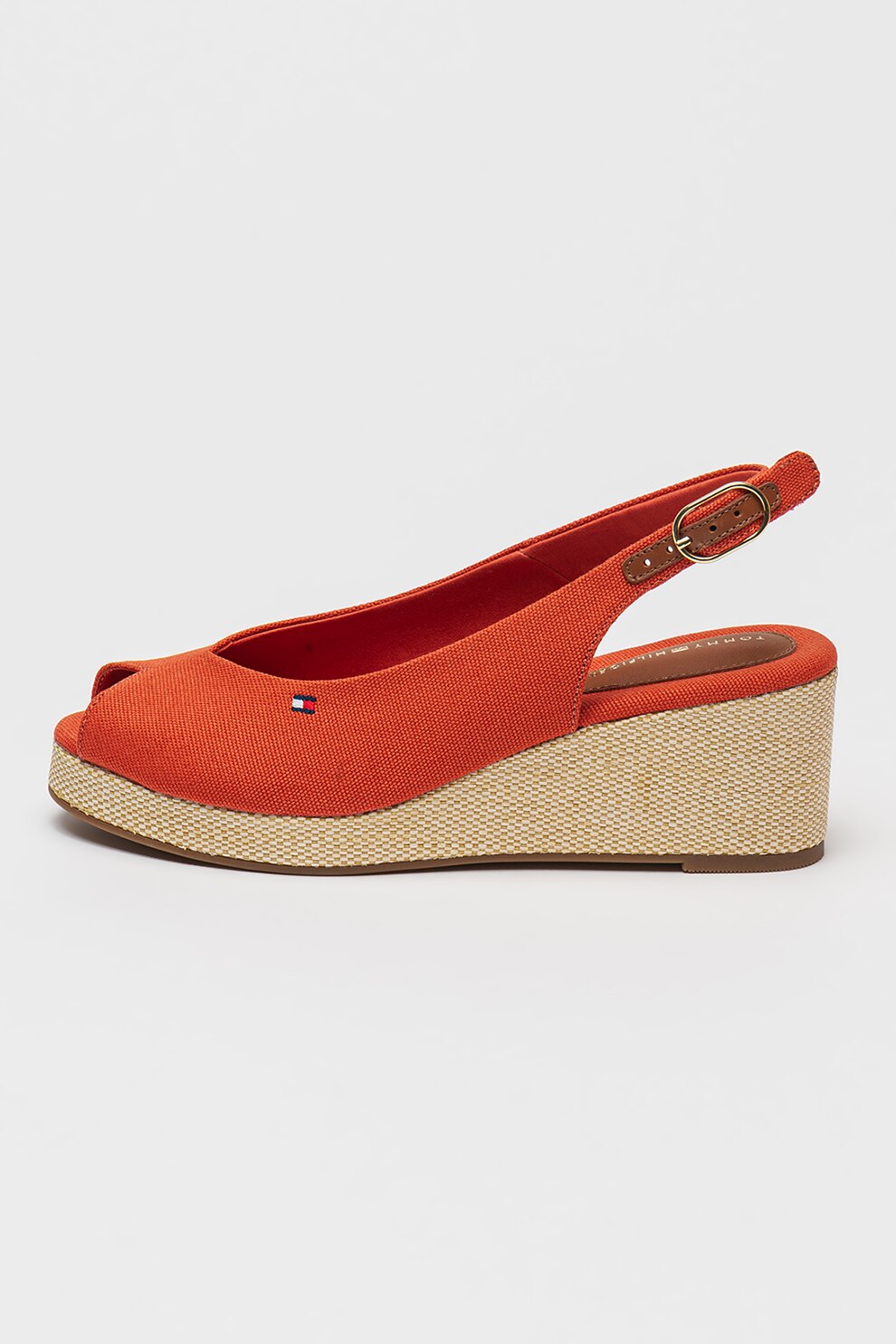 Tommy Hilfiger, Sandale slingback cu talpa wedge, Rosu capsuna, 38