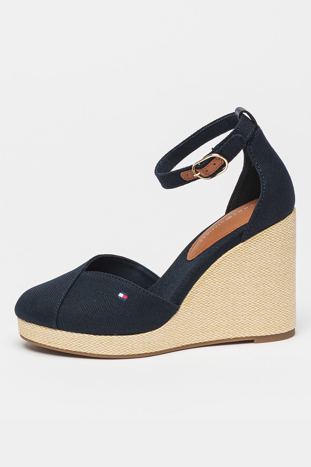 Tommy Hilfiger, Sandale cu talpa wedge si detaliu cu logo Sall, Indigo, Crem, 40