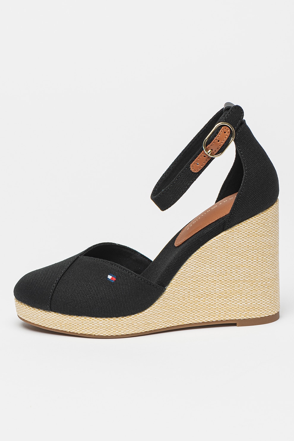 Tommy Hilfiger, Sandale cu talpa wedge si detaliu cu logo Sall, Negru, Crem, 40