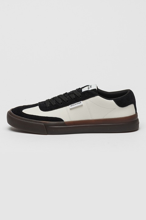 Tommy Hilfiger, Pantofi sport din piele si piele intoarsa, Negru/Alb optic